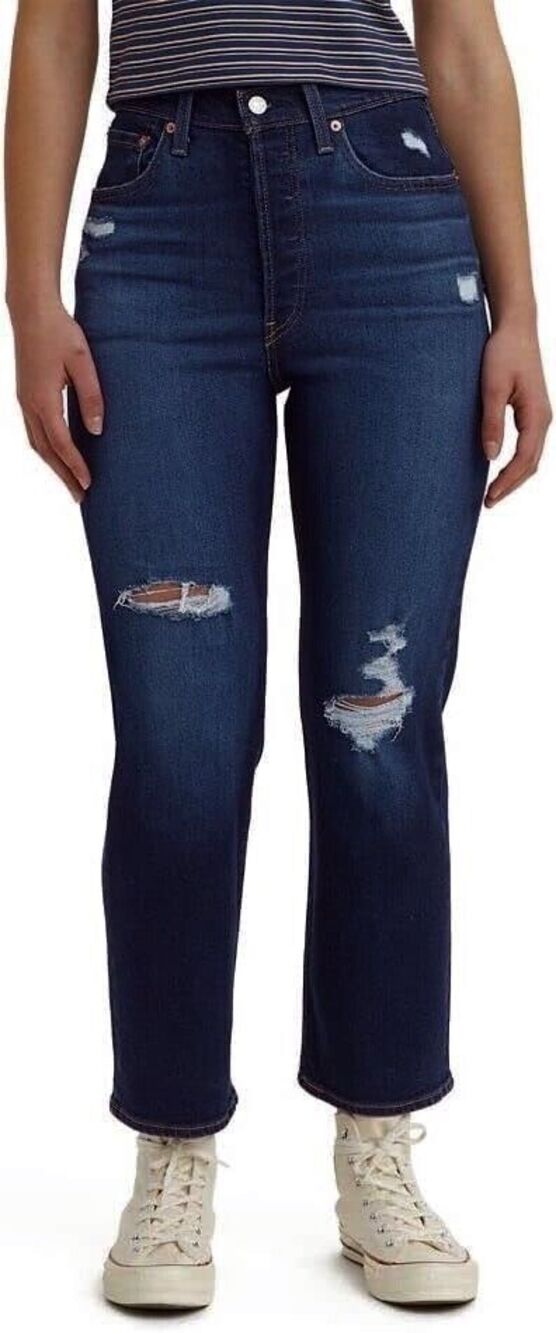 NWT $79.50 Levi's Ribcage Straight Ankle Distressed Dark Wash Jeans Women 32x27